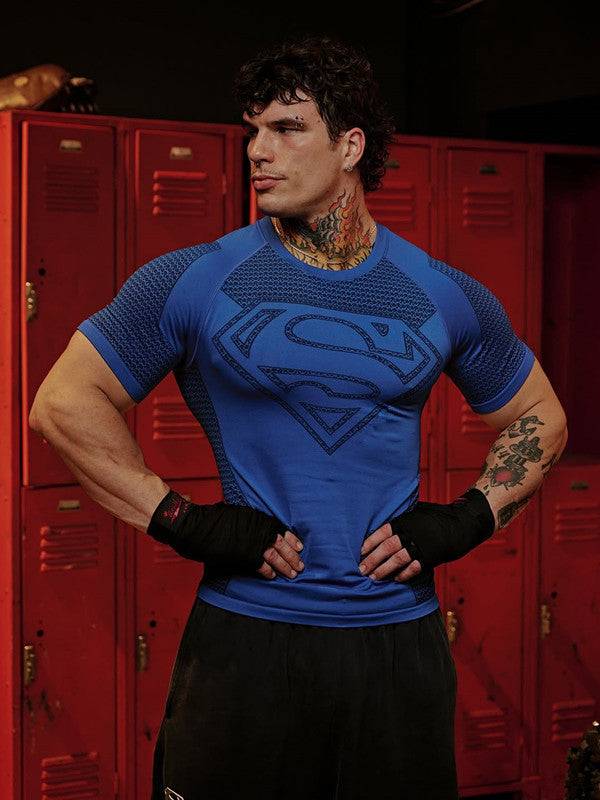 YOUNGLA co-branded Superman American new men's T-shirt, muscle sports, fitness, breathable tights, tops