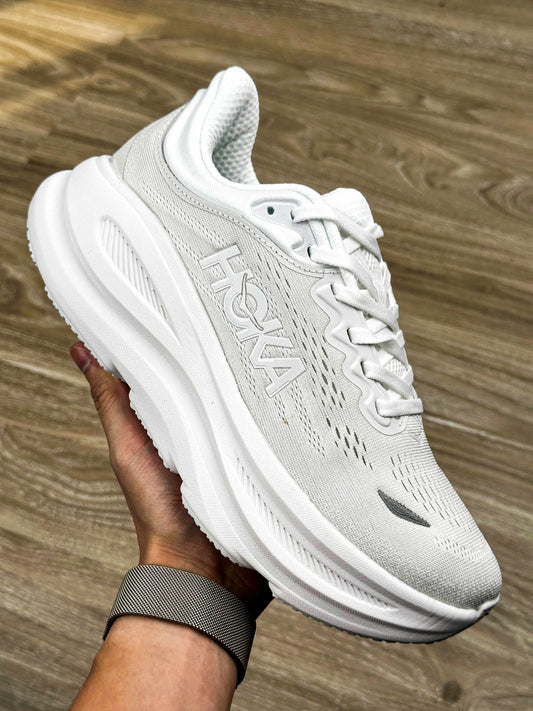 HOKA Bondi 9 Triple White Running Trainers – Cushioned Lifestyle Sneakers