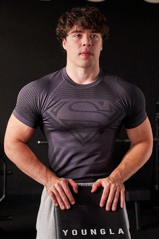 YOUNGLA co-branded Superman American new men's T-shirt, muscle sports, fitness, breathable tights, tops