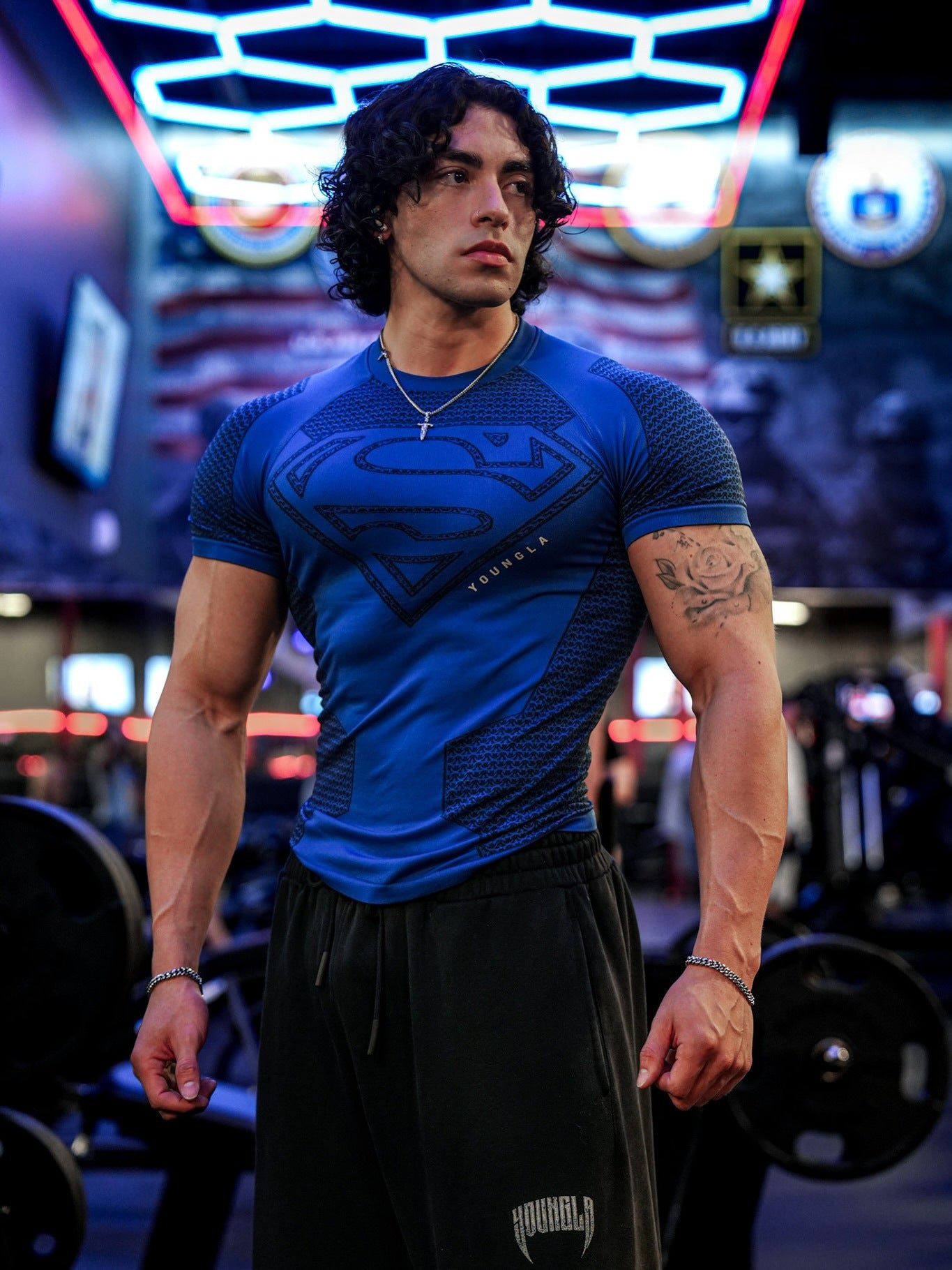 YOUNGLA co-branded Superman American new men's T-shirt, muscle sports, fitness, breathable tights, tops