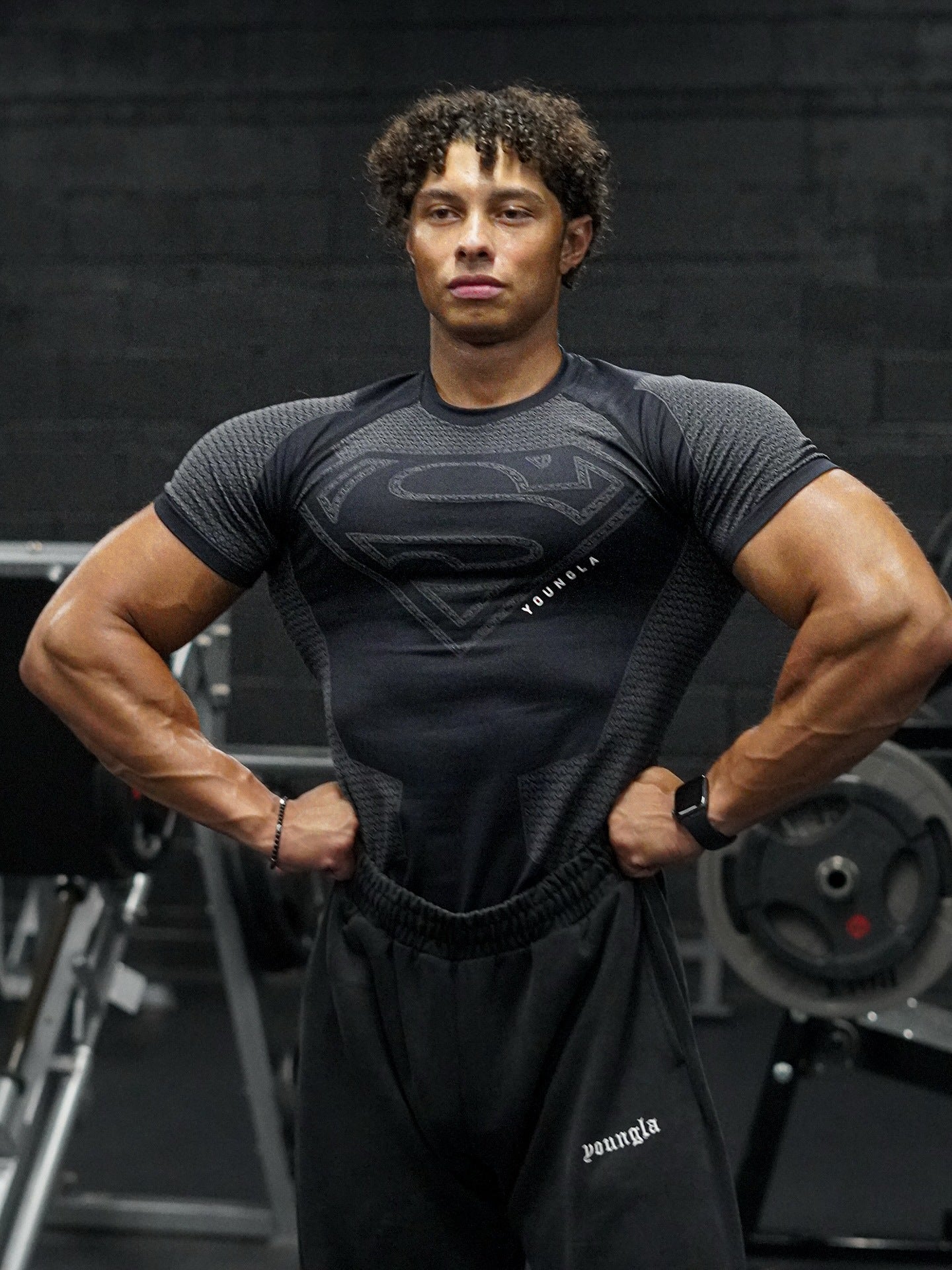 YOUNGLA co-branded Superman American new men's T-shirt, muscle sports, fitness, breathable tights, tops