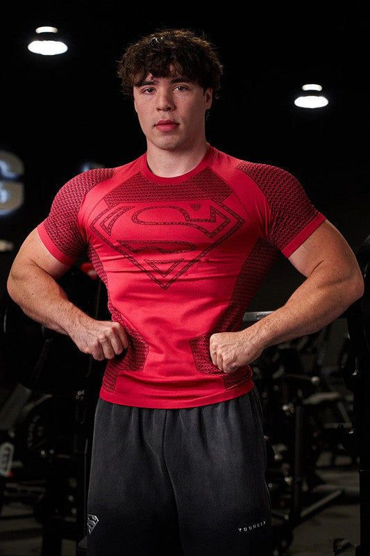 YOUNGLA co-branded Superman American new men's T-shirt, muscle sports, fitness, breathable tights, tops