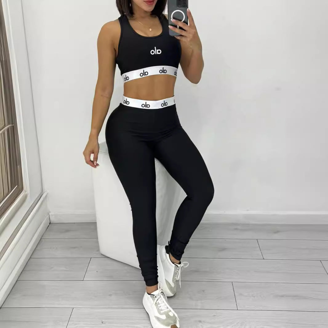 Y9516 European and American cross-border women's summer new embroidered letter fashion yoga sports casual two-piece set in stock