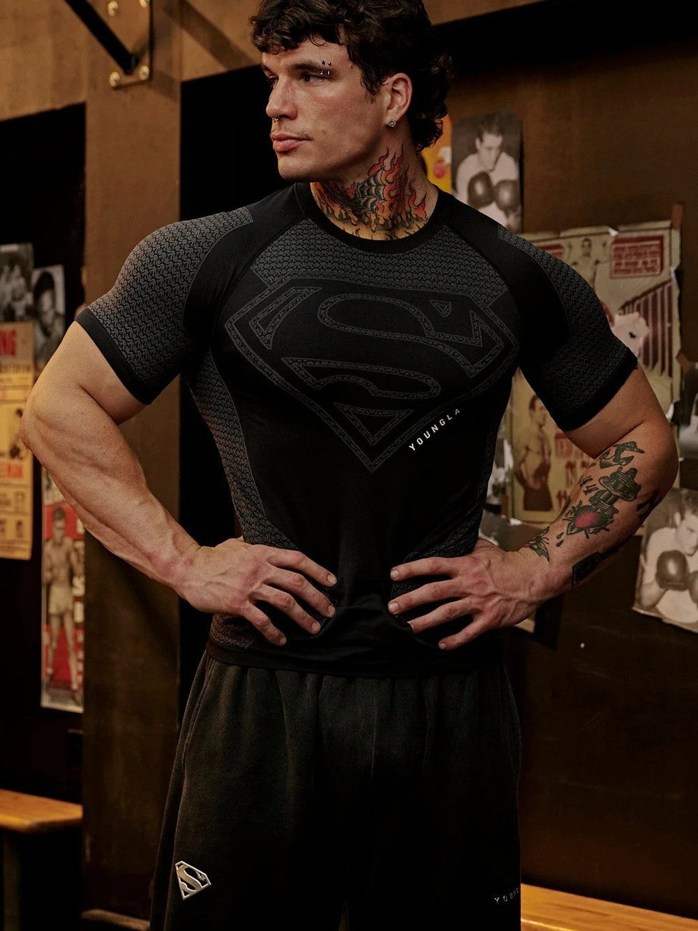 YOUNGLA co-branded Superman American new men's T-shirt, muscle sports, fitness, breathable tights, tops