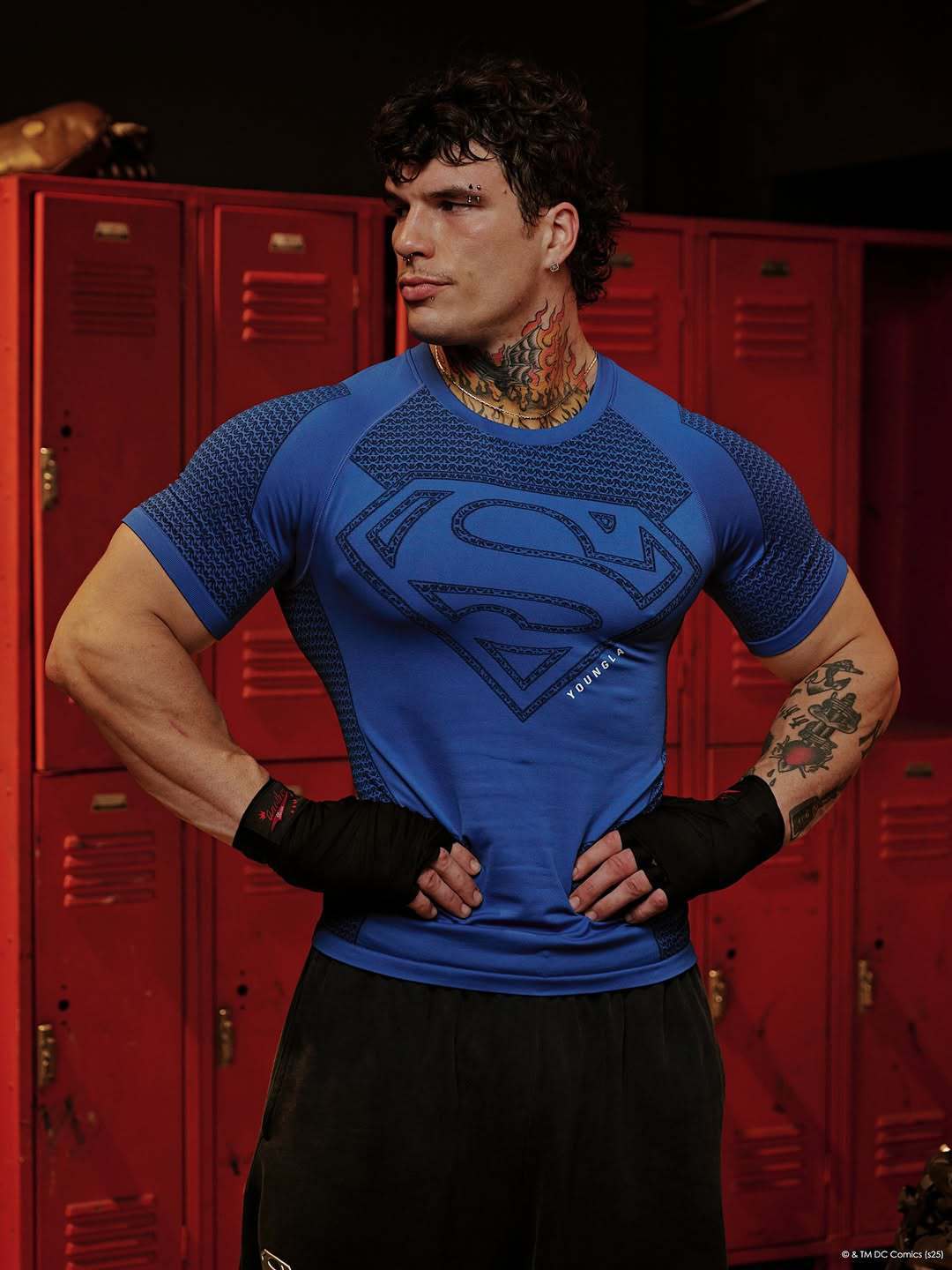 YOUNGLA co-branded Superman American new men's T-shirt, muscle sports, fitness, breathable tights, tops