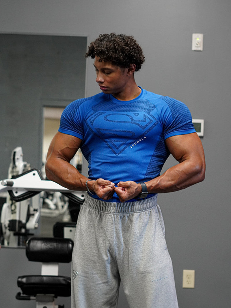 YOUNGLA co-branded Superman American new men's T-shirt, muscle sports, fitness, breathable tights, tops